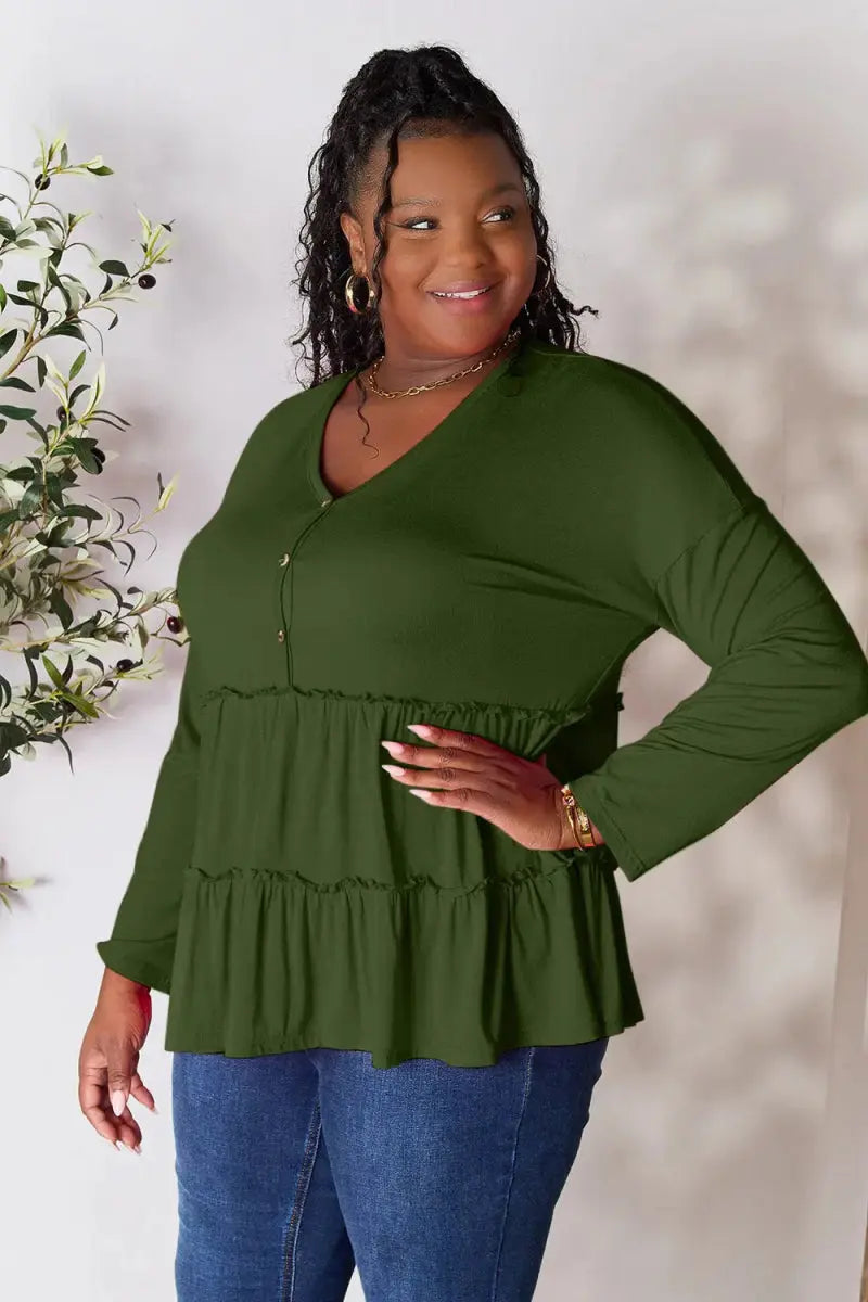 Double Take Half Button Long Sleeve Ruffle Hem Blouse - Love Salve